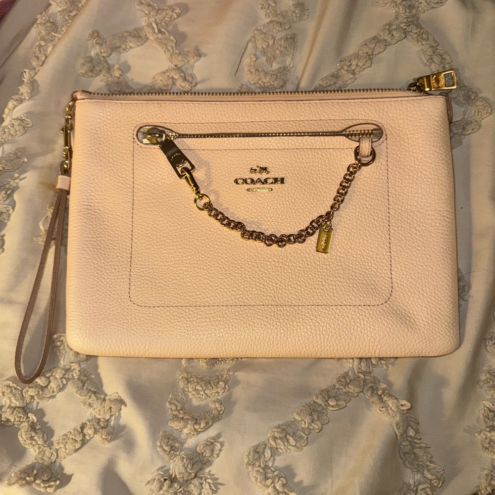 Coach Light Pink/taupe Leather Wristlet with Gold Accents
